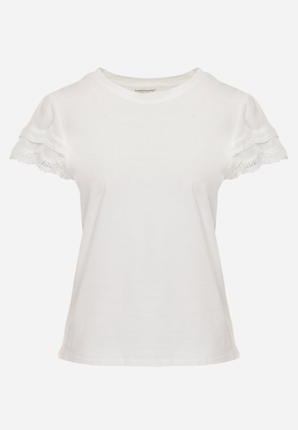 Born2be - Biały Bawełniany T-shirt z Koronkowymi Rękawami Carilynore. Okazja: na co dzień. Kolor: biały. Materiał: bawełna, koronka. Styl: elegancki, klasyczny, casual