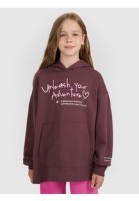 4f - 4F Bluza dresowa oversize nierozpinana z kapturem dziewczęca - brązowa 128 (7-8 lat). Okazja: na co dzień. Typ kołnierza: kaptur. Kolor: brązowy. Materiał: dresówka. Długość rękawa: raglanowy rękaw. Wzór: gładki, nadruk, ze splotem. Sezon: lato. Styl: casual, sportowy #1