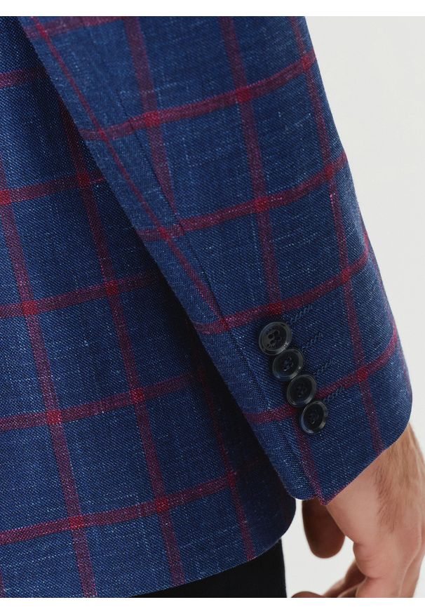 Pako Lorente - PAKO LORENTE – Granatowa marynarka w czerwoną kratę. Kolor: czerwony, niebieski, wielokolorowy. Materiał: jedwab, len, wełna