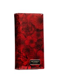 Czerwony, pionowy portfel damski w kwiaty skóra naturalna i ekologiczna RFID STOP Peterson. Kolor: czerwony. Materiał: lakier. Wzór: kwiaty #1