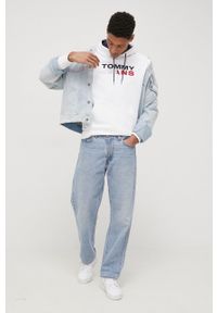 Tommy Jeans Bluza bawełniana męska kolor biały z kapturem z nadrukiem. Okazja: na co dzień. Typ kołnierza: kaptur. Kolor: biały. Materiał: bawełna. Wzór: nadruk. Styl: casual