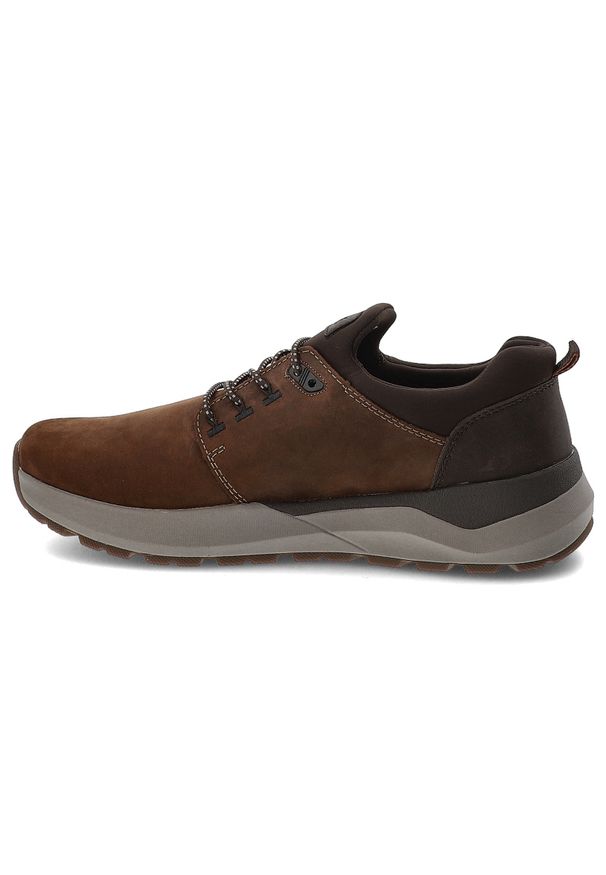 Sneakersy męskie Rieker, antistress półbuty na platformie wygodne z okrągłym noskiem i sznurowane, brązowe, 06050-22. Okazja: na co dzień. Nosek buta: okrągły. Kolor: brązowy. Materiał: skóra. Obcas: na platformie