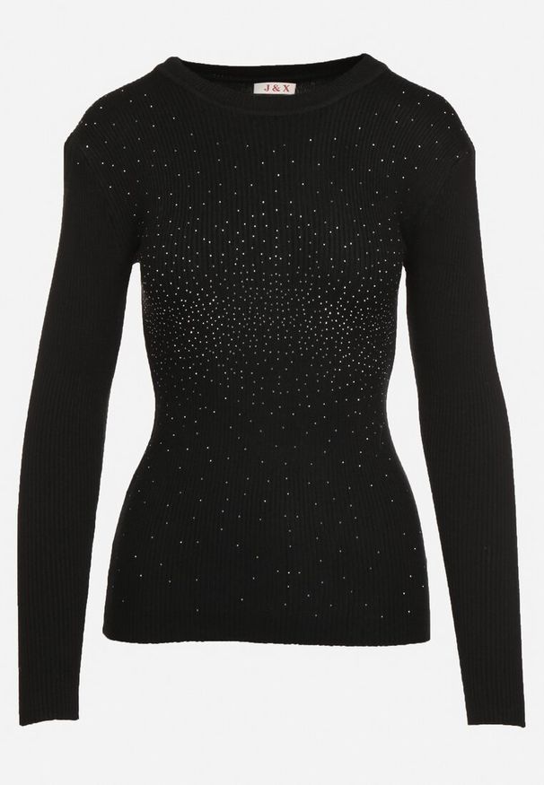 Born2be - Czarny Sweter Prążkowany z Cyrkoniami Romivra. Okazja: na co dzień. Kolor: czarny. Materiał: prążkowany. Długość rękawa: długi rękaw. Długość: długie. Styl: elegancki, casual