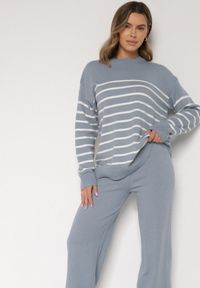 Born2be - Niebieski Komplet z Wełną i Bawełną Sweter w Paski i Szerokie Spodnie Neveena. Kolor: niebieski. Materiał: wełna, bawełna. Wzór: paski #5