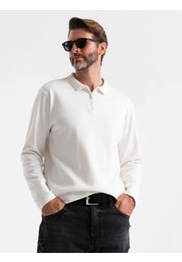 Ombre Clothing - Męski longsleeve polo z zapinanym na zamek kołnierzykiem – biały V1 - Rozmiar: XL. Typ kołnierza: polo. Kolor: biały. Materiał: materiał, bawełna, skóra, dzianina. Długość rękawa: długi rękaw. Wzór: aplikacja. Styl: elegancki, sportowy