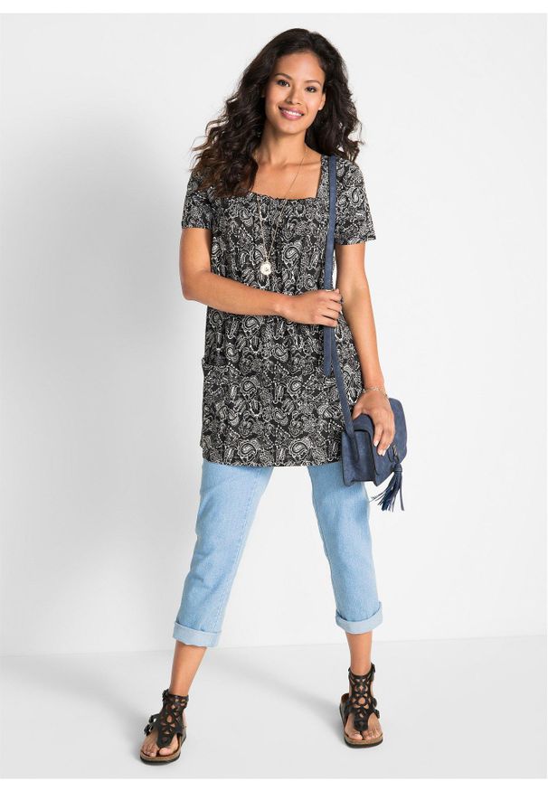 bonprix - Tunika shirtowa, krótki rękaw. Kolor: czarny. Materiał: wiskoza. Długość rękawa: krótki rękaw. Długość: krótkie