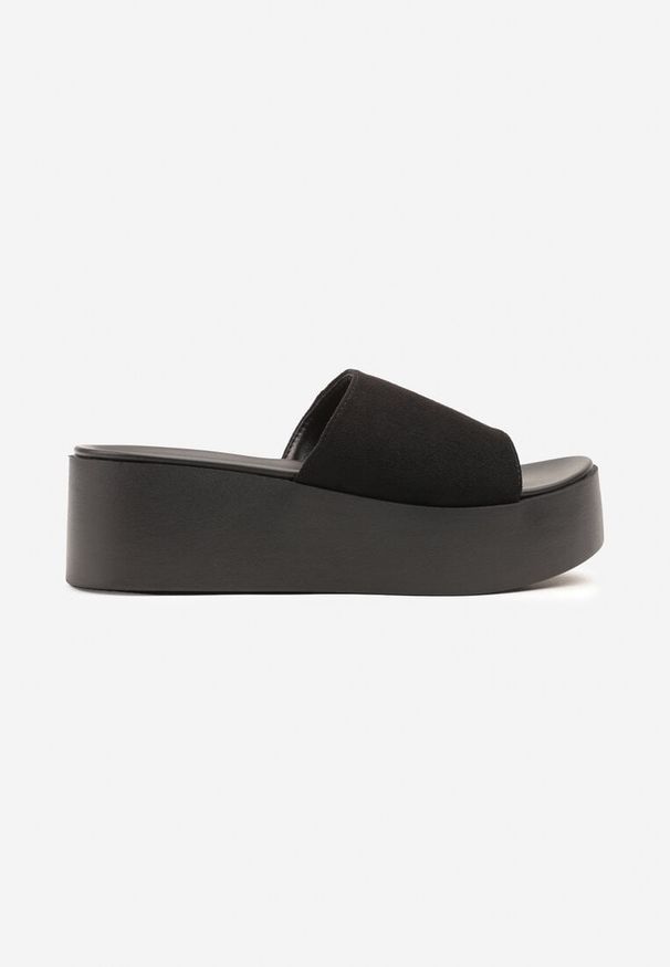 Born2be - Czarne Klasyczne Klapki na Platformie i Koturnie Retellin. Okazja: na co dzień. Kolor: czarny. Materiał: jeans. Obcas: na koturnie. Styl: klasyczny