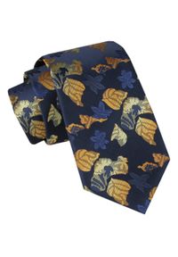 Męski Krawat - Alties - Granatowy z Motywem Liści. Kolor: wielokolorowy. Materiał: tkanina. Styl: elegancki, wizytowy #1