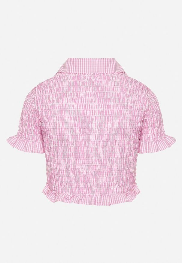 Born2be - Różowa Elastyczna Koszula w Kratkę Vichy o Krótkim Kroju Sovzeri. Okazja: na co dzień. Kolor: różowy. Materiał: materiał, jeans. Długość: krótkie. Wzór: kratka. Styl: klasyczny, casual