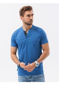 Ombre Clothing - T-shirt męski bez nadruku z guzikami - niebieski melanż V2 S1390 - XXL. Typ kołnierza: polo. Kolor: niebieski. Materiał: jeans, bawełna, poliester. Wzór: melanż #3