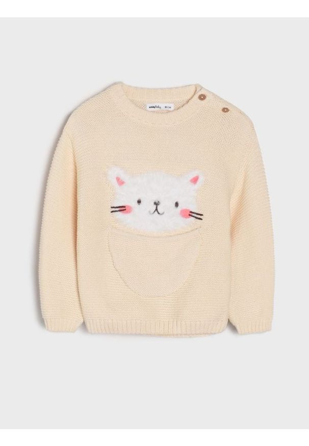 Sinsay - Sweter z kotem - kremowy. Kolor: kremowy. Materiał: futro. Długość: długie. Wzór: nadruk
