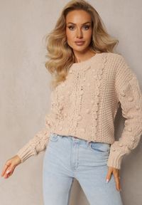 Renee - Beżowy Grubo Pleciony Sweter z Wełną i Bawełną Bavime. Kolor: beżowy. Materiał: bawełna, wełna. Sezon: zima #4