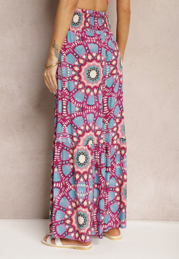 Renee - Różowo-Niebieskie Spodnie Typu Palazzo z Wiskozy High Waist z Gumką w Pasie Bistalia. Okazja: na co dzień. Stan: podwyższony. Kolor: różowy. Materiał: wiskoza. Długość: długie. Styl: casual, wizytowy