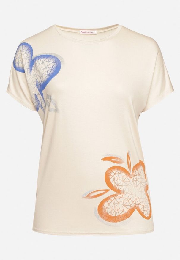 Born2be - Beżowy Klasyczny T-shirt z Bawełny Ozdobiony Nadrukiem i Cyrkoniami Kristinae. Okazja: na co dzień. Kolor: beżowy. Materiał: bawełna. Wzór: aplikacja, nadruk. Styl: klasyczny