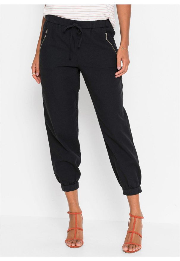 bonprix - Spodnie 7/8 z przewiewnej mieszanki lnu. Kolor: czarny. Materiał: len