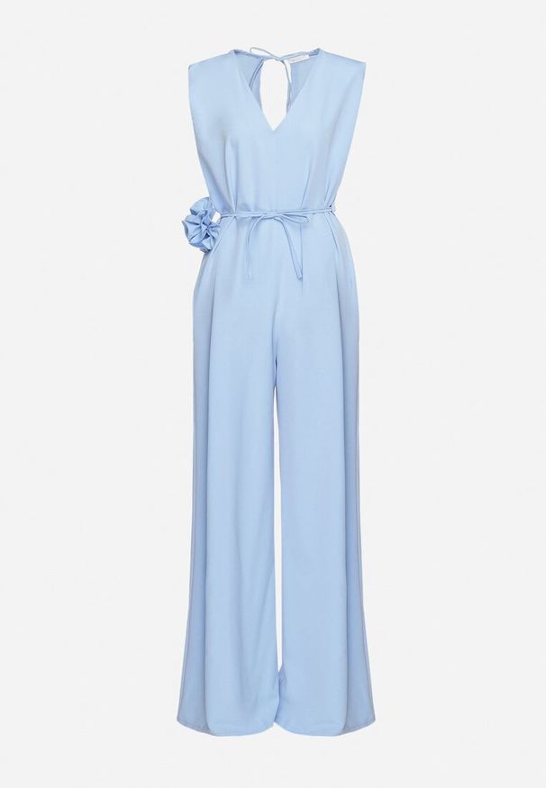 Born2be - Niebieski Wiązany Kombinezon z Prostymi Nogawkami i Wiskozą oraz Kwiatową Aplikacją Dimenna. Kolor: niebieski. Materiał: wiskoza. Wzór: aplikacja, kwiaty. Styl: elegancki