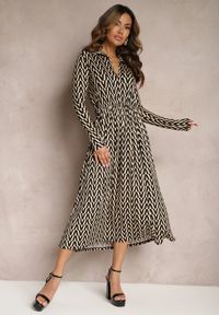 Renee - Beżowo-Czarna Sukienka Rozkloszowana w Tygrysie Paski Chipha. Okazja: na co dzień. Kolor: beżowy. Wzór: paski. Typ sukienki: proste. Styl: casual, elegancki, wizytowy