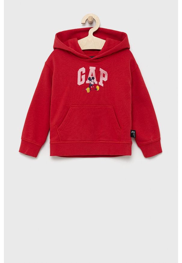 GAP bluza dziecięca x Disney kolor czerwony z kapturem z nadrukiem. Okazja: na co dzień. Typ kołnierza: kaptur. Kolor: czerwony. Wzór: nadruk, motyw z bajki. Styl: casual