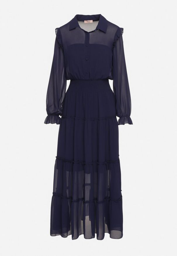 Born2be - Granatowa Rozkloszowana Sukienka VICES Koszulowa w Stylu Retro Aravite. Okazja: na co dzień. Typ kołnierza: dekolt w kształcie V, kołnierz z falbankami, kołnierzyk klasyczny. Kolor: niebieski. Długość rękawa: długi rękaw. Typ sukienki: koszulowe. Styl: retro