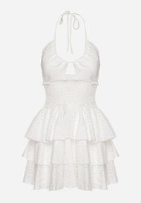 Born2be - Biała Bawełniana Sukienka z Wiązaniem i Falbanami Zdobiona Haftem Filavienna. Okazja: na co dzień. Kolor: biały. Materiał: bawełna. Wzór: aplikacja, haft. Styl: klasyczny, casual, elegancki #4