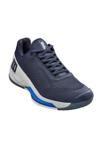Buty do tenisa męskie Wilson Rush Pro 4.0. Zapięcie: sznurówki. Kolor: niebieski, wielokolorowy. Materiał: materiał, tkanina, syntetyk. Szerokość cholewki: normalna. Sport: tenis