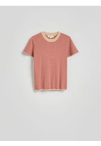 Reserved - Bawełniany t-shirt w paski - beżowy. Kolor: beżowy. Materiał: bawełna. Wzór: paski