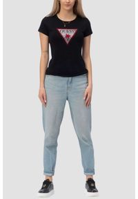 Guess - GUESS Czarny damski t-shirt z logo z cyrkoniami Triangle Rhinestones, Rozmiar M. Okazja: na co dzień. Kolor: czarny. Styl: elegancki, casual, klasyczny #2