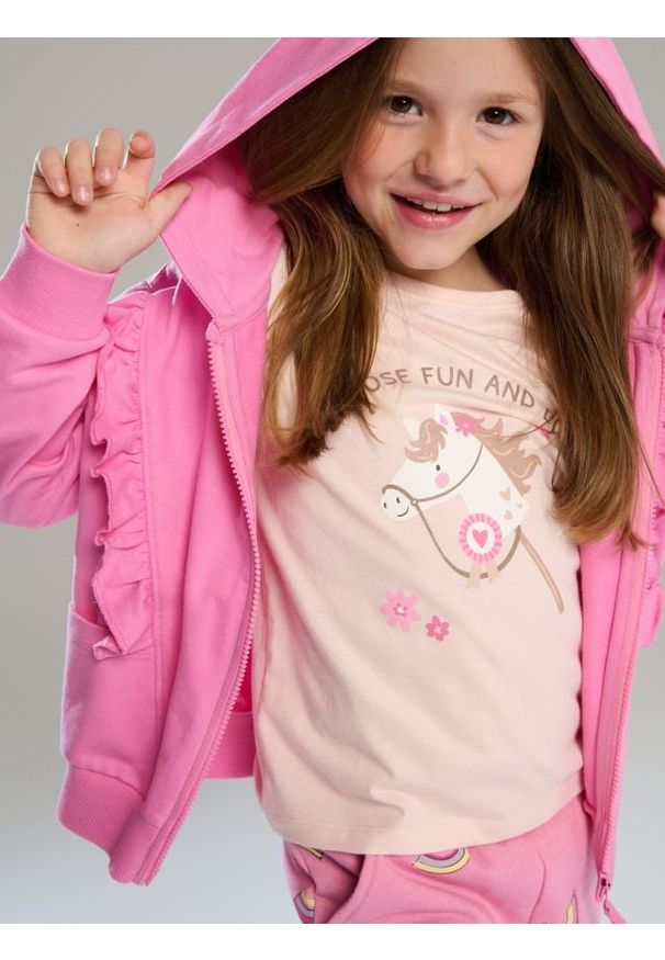 Sinsay - Bluza z kapturem i ozdobnymi falbanami - różowy. Typ kołnierza: kaptur. Kolor: różowy