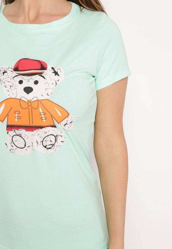 Born2be - Miętowy T-shirt Bawełniany z Nadrukiem Rusolia. Okazja: do pracy, na co dzień, na spotkanie biznesowe. Kolor: miętowy. Materiał: bawełna. Wzór: nadruk. Styl: casual, klasyczny, biznesowy