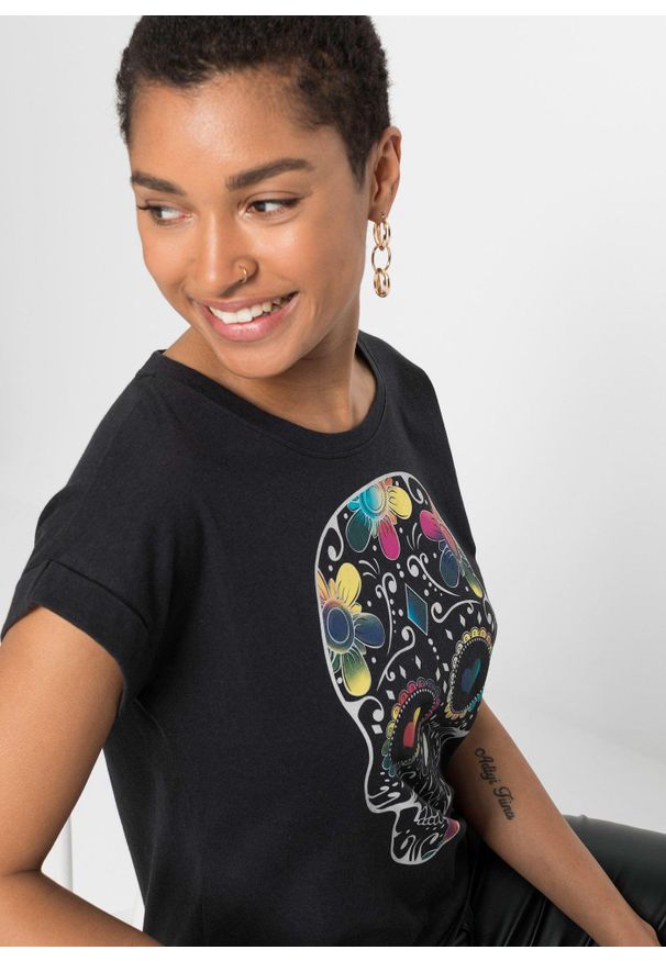 bonprix - T-shirt z miękkiego materiału z domieszką wiskozy. Kolor: czarny. Materiał: materiał, wiskoza. Wzór: nadruk