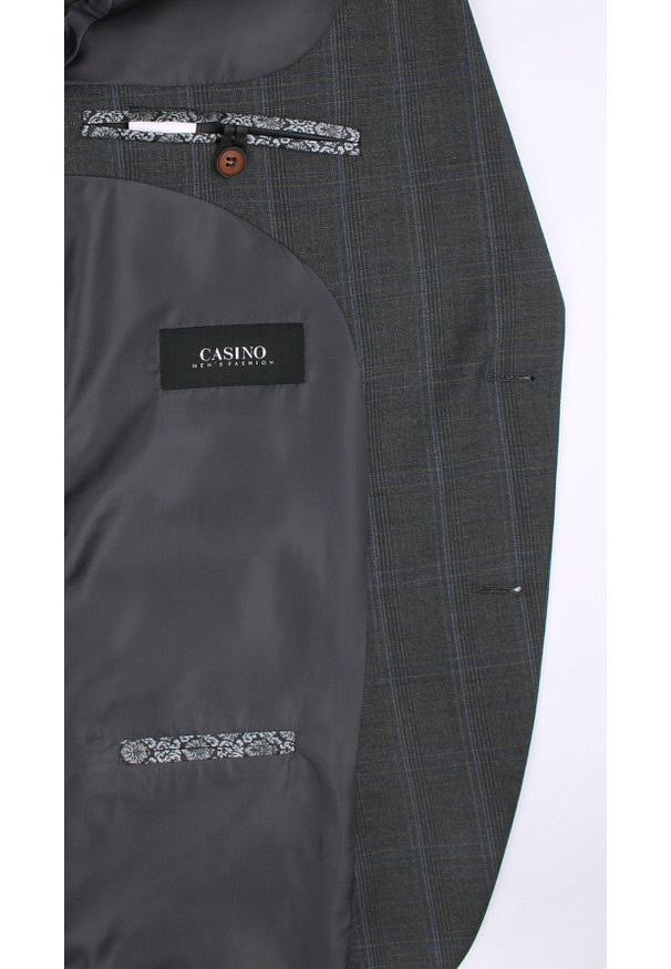 Elegancka Marynarka Męska - Casino - Delikatnie Taliowana - Grafitowa w Kratę. Kolor: szary. Materiał: poliester, wiskoza, elastan. Styl: elegancki