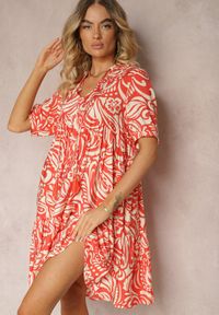 Renee - Pomarańczowa Sukienka z Bawełną i Wiskozą Ozdobiona Wiązanym Paskiem i Falbaną Dimttri. Kolor: pomarańczowy. Materiał: bawełna, wiskoza. Wzór: aplikacja. Sezon: lato #3