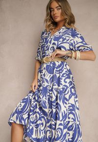 Renee - Niebieska Rozkloszowana Sukienka z Wiskozy Ozdobiona Falbaną Filesenia. Kolor: niebieski. Materiał: wiskoza. Wzór: aplikacja. Styl: elegancki