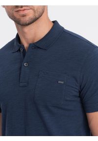 Ombre Clothing - T-shirt męski polo z ozdobnymi guzikami - ciemnoniebieska V8 S1744 - L. Typ kołnierza: polo. Kolor: niebieski. Materiał: bawełna, dzianina #8