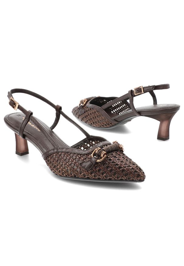 Czółenka damskie Tamaris, szpiczasty nosek odkryta pięta regulowany pasek stabilny obcas pleciona faktura ozdobny detal elegancki charakter, brązowe,. Nosek buta: szpiczasty. Zapięcie: pasek. Kolor: brązowy. Szerokość cholewki: normalna. Obcas: na obcasie. Styl: elegancki. Wysokość obcasa: średni