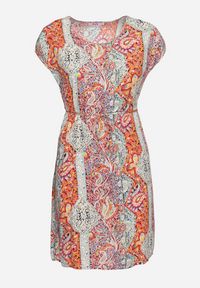 Born2be - Czerwono-Beżowa Wiskozowa Sukienka w Stylu Boho o Pudełkowym Kroju z Materiałowym Paskiem Neteri. Okazja: na co dzień. Kolor: czerwony. Materiał: materiał, wiskoza. Styl: boho #2