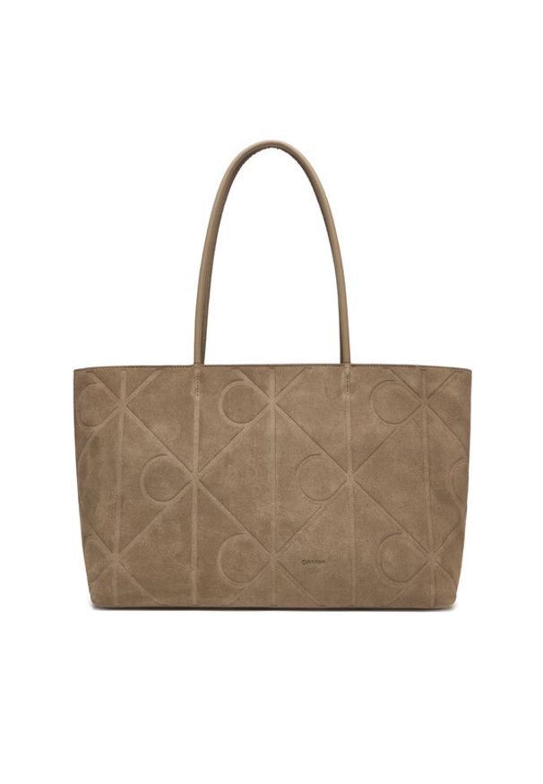 Calvin Klein Torebka Emblem Aop Embossed Suede Tote LV04F3334G Beżowy. Kolor: beżowy. Materiał: skórzane, zamszowe