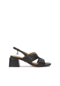 Kazar - Czarne skórzane sandały na niewysokim słupku. Zapięcie: pasek. Kolor: czarny. Materiał: skóra. Wzór: paski. Obcas: na słupku. Styl: elegancki. Wysokość obcasa: wysoki #1