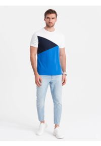 Ombre Clothing - T-shirt męski trójkolorowy bawełniany - biało-niebieski V4 OM-TSCT-0174 - XXL. Okazja: na co dzień. Kolor: niebieski. Materiał: bawełna. Wzór: geometria. Styl: casual, klasyczny