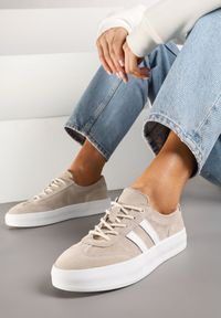 Born2be - Beżowe Skórzane Sneakersy Typu Klasyczne Tenisówki na Grubej Podeszwie Eleavine. Okazja: na co dzień, do pracy, na spacer. Kolor: beżowy. Materiał: skóra. Sport: turystyka piesza #4