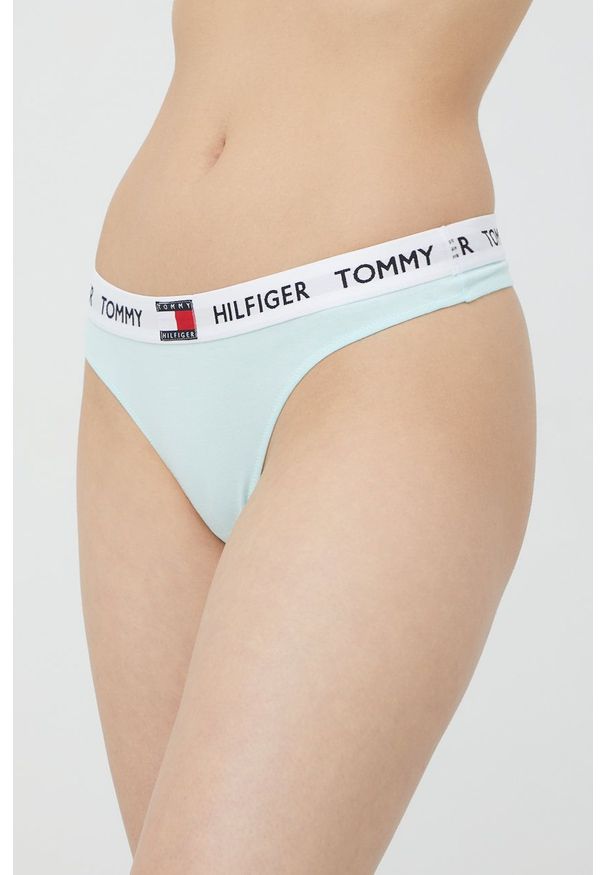 TOMMY HILFIGER - Tommy Hilfiger stringi. Kolor: niebieski. Materiał: włókno, materiał