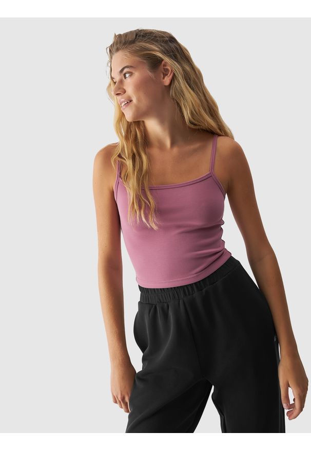 4f - 4F Crop-top slim gładki z modalem damski - różowy XL. Kolor: różowy. Materiał: dzianina, jersey, materiał, syntetyk. Długość rękawa: na ramiączkach. Wzór: gładki