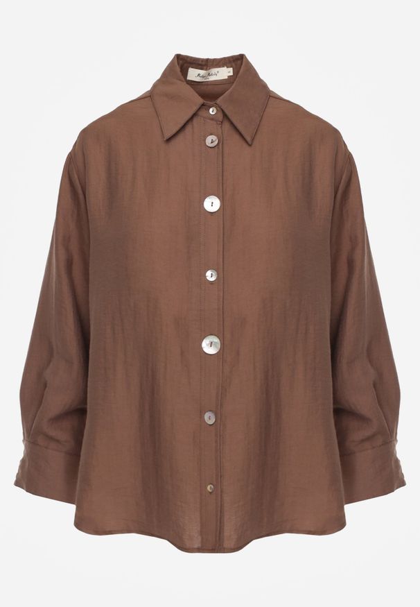 Renee - Brązowa Oversizowa Koszula z Wiskozą i Lnem z Guzikami o Różnej Wielkości Drenrya. Okazja: na co dzień. Kolor: brązowy. Materiał: wiskoza, len. Styl: casual
