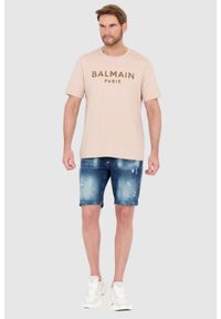 Balmain - BALMAIN Beżowy t-shirt z aksamitnym logo flock and foil. Kolor: beżowy #4