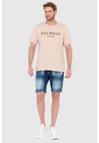 Balmain - BALMAIN Beżowy t-shirt z aksamitnym logo flock and foil. Kolor: beżowy #5