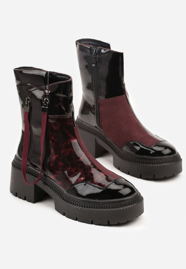 Born2be - Czarno-Bordowe Lakierowane Botki Vices z Ozdobną Tasiemką Rivavie. Okazja: na co dzień. Kolor: czarny. Materiał: lakier. Styl: casual, elegancki