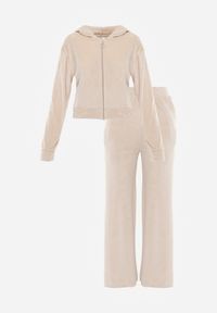 Renee - Beżowy Komplet Dresowy z Welurowej Dzianiny Szerokie Spodnie i Krótka Bluza Avilti. Kolor: beżowy. Materiał: dresówka, welur, dzianina #8