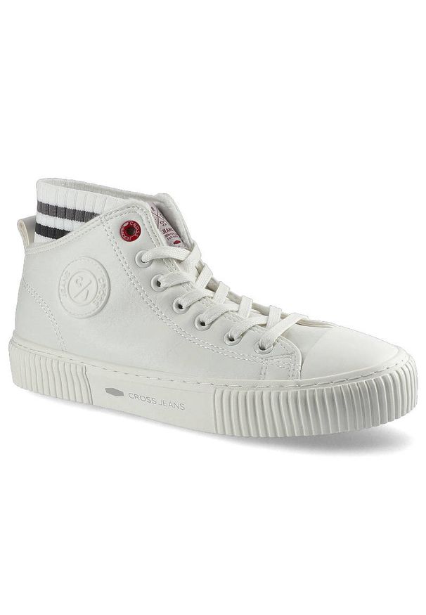 Białe Sneakersy Cross Jeans Damskie Stylowe Buty. Okazja: na co dzień. Wysokość cholewki: przed kolano. Zapięcie: pasek. Kolor: biały. Materiał: syntetyk, dzianina, materiał. Szerokość cholewki: normalna