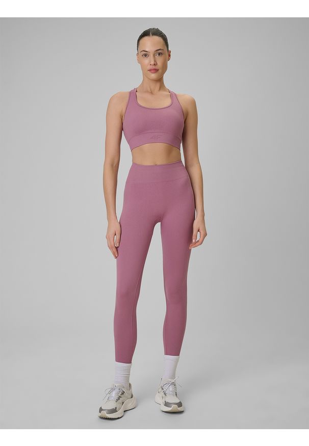 4f - 4F Legginsy treningowe bezszwowe damskie - czerwone M/L. Stan: podwyższony. Kolor: czerwony. Materiał: włókno, dzianina. Długość: długie. Wzór: prążki, gładki