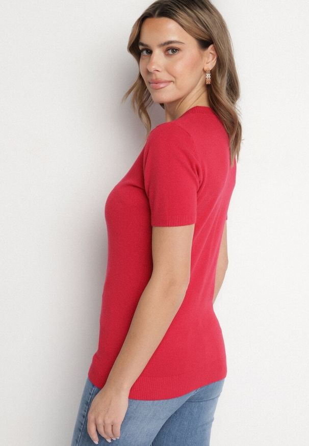 Born2be - Czerwony Sweter z Ozdobnymi Ściągaczami Sanarella. Okazja: na co dzień. Kolor: czerwony. Materiał: jeans. Wzór: aplikacja. Styl: elegancki, casual